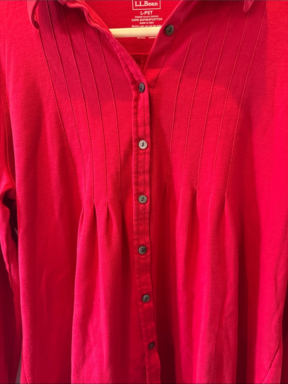 L.L.Bean Bright Red Pintuck Button-Front Shirt - Picture 3 of 6
